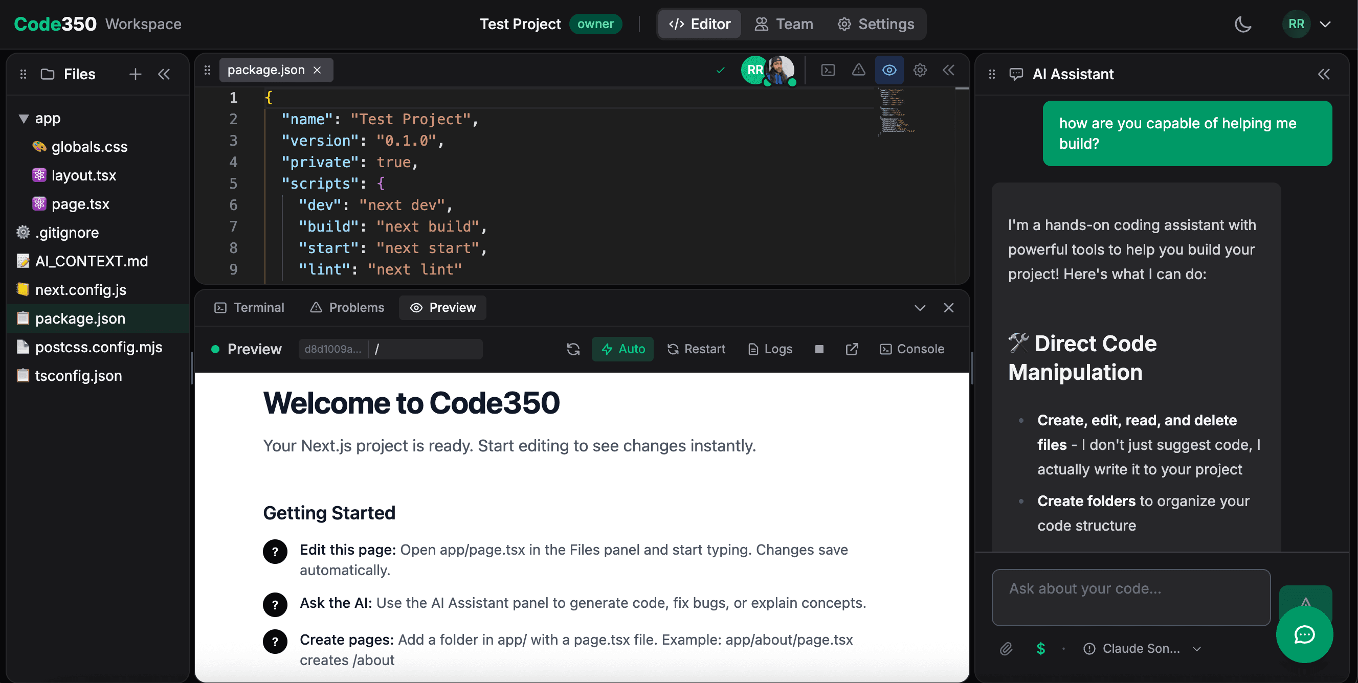 Code350 Workspace - AI-assisted IDE with live preview
